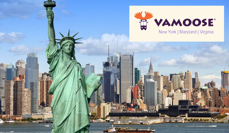 Photo of the NYC skyline with a Vamoose Bus logo