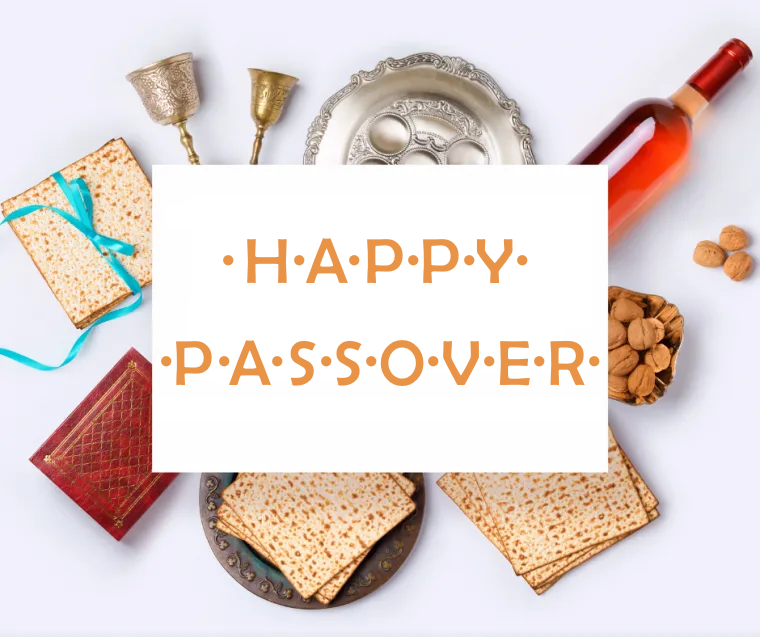 Image of matzoh, wine, nuts, a silver plate and cups, saying "Happy Passover"