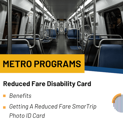 Talking Transportation slide 2 – Metro Programs: Reduced Fare Disability Card - Benefits, Getting a Reduced Fare SmarTrip Photo ID Card