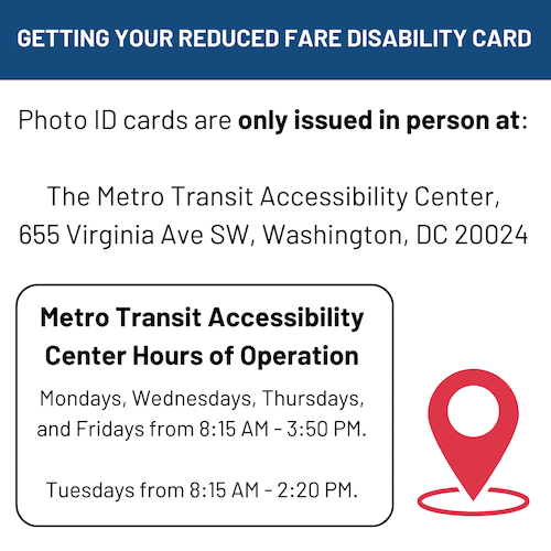 Talking Transportation slide 4 – Getting Your Reduced Fare Disability Card - Photo ID cards are only issued in person at: The Metro Transit Accessibility Center, 655 Virginia Ave SW, Washington DC 20024. Metro Transit Accessibility Center Hours of Operation: Mondays, Wednesdays, Thursdays, and Fridays from 8:15 am - 3:50 pm. Tuesdays from 8:15 am - 2:20 pm.