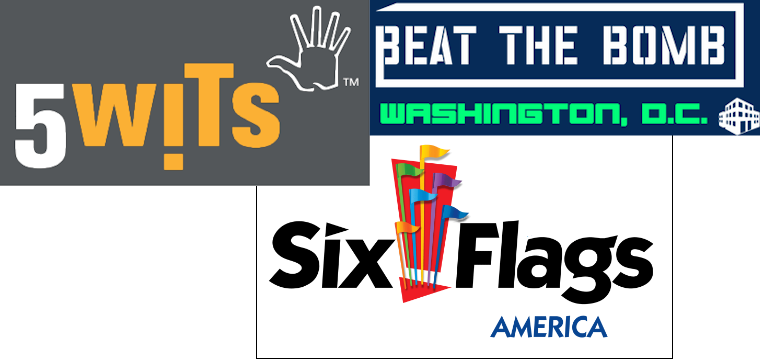 Logos for Six Flags America, 5 Wits & Beat the Bomb